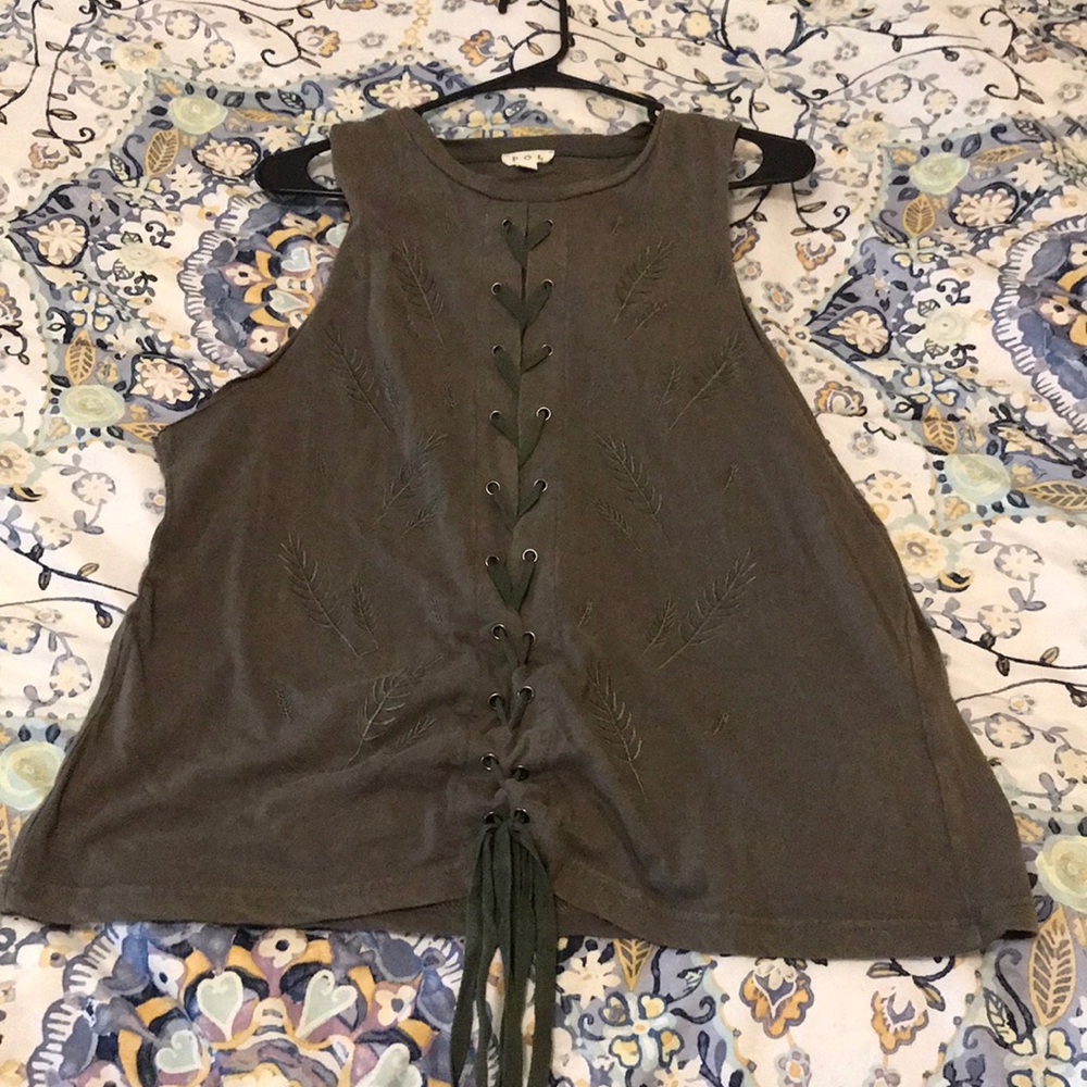 POL Lace Up Hunter Green Embroidered Top Small